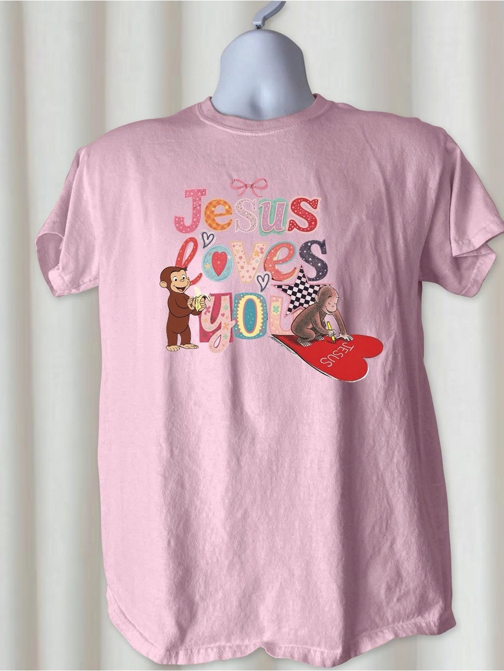 Curious with Jesus Loves You" Graphic Gildan Light pink Tshirt Women Girl